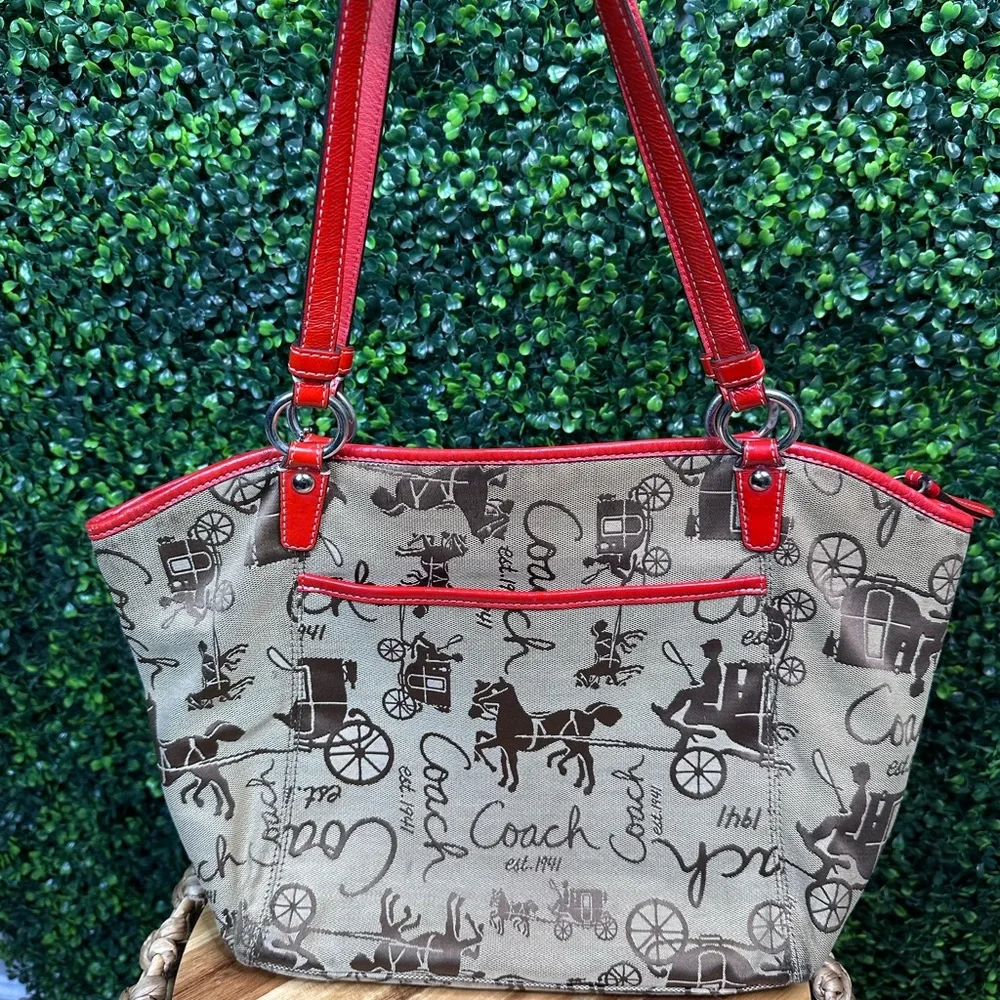 Coach Red and Brown Shoulder Bag with‎ horse and carriage Design vintage coach